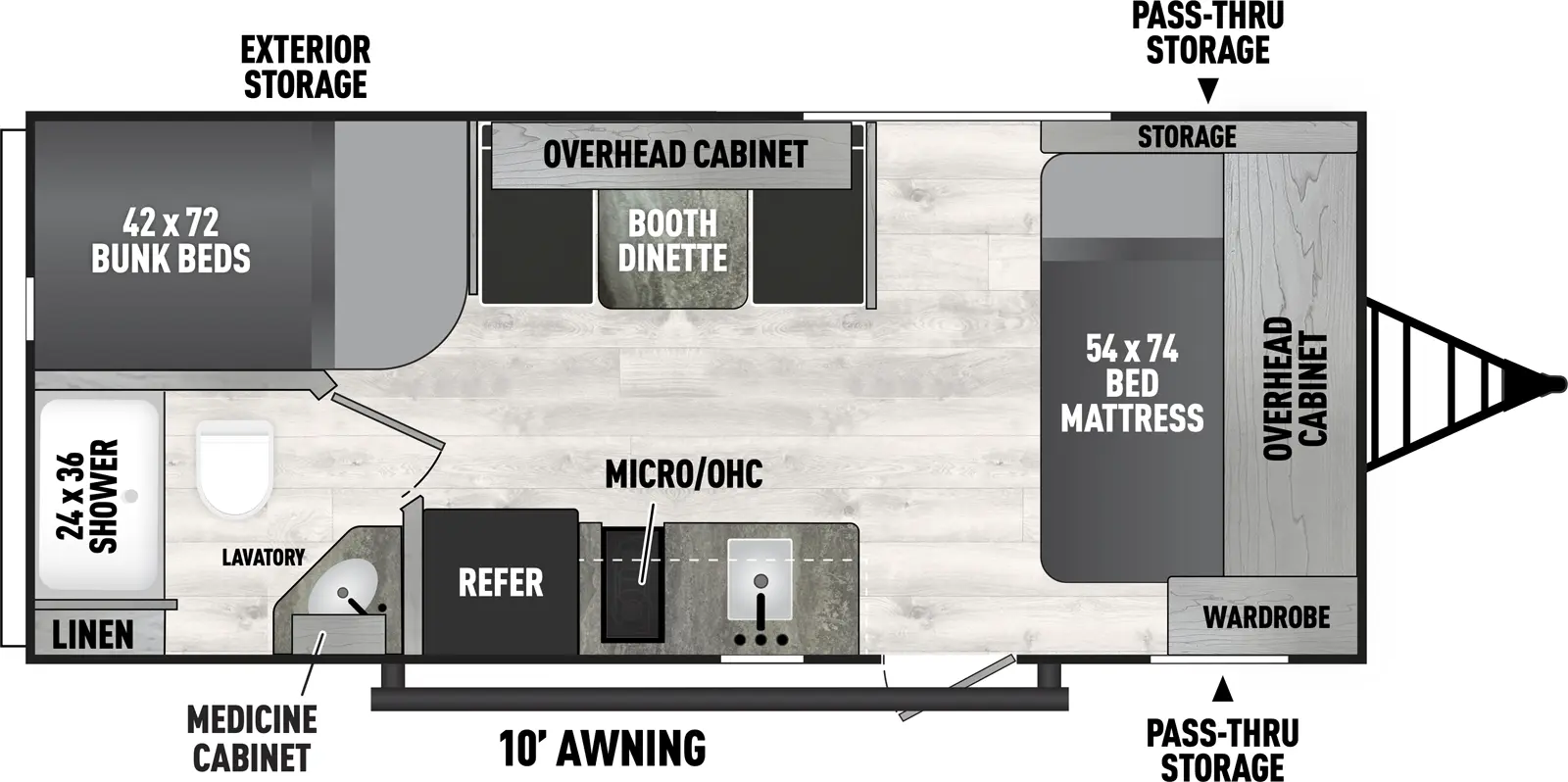 The 18BH has one entry and zero slideouts. Exterior features include front pass through storage and 10 foot awning. Interior layout front to back: Bed mattress with overhead cabinet, off-door side storage, and door side wardrobe; off-door side booth dinette with overhead cabinet; door side entry, kitchen counter with sink and cooktop, overhead cabinet and microwave, and refrigerator; rear off-door side bunk beds; rear door side full bathroom with medicine cabinet and linen closet.